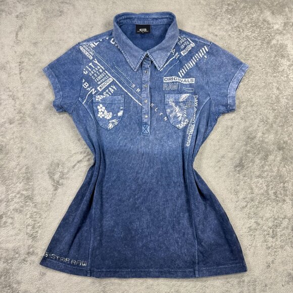 RARE G-Star Raw Womens Rhinestone Western Denim Stone Wash Polo Shirt Y2K Ombre - Picture 2 of 10
